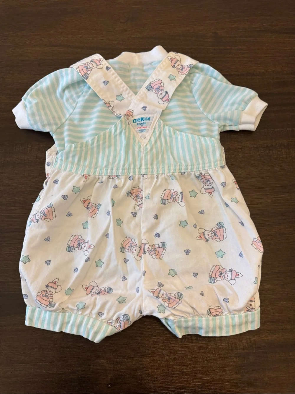 Vintage OshKosh B'gosh Mint & White Striped Baby Overalls with Tee Size 3T